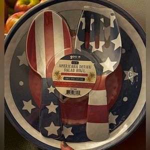 NEW~American Flag Design Salad Bowl w/Oversized Severing Spoon & Fork